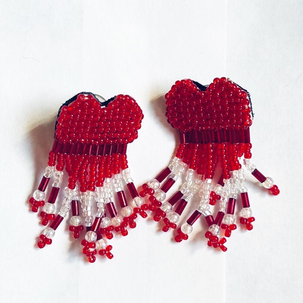 Artisan Red Heart Shaped Fringed Seed Bead Earrings